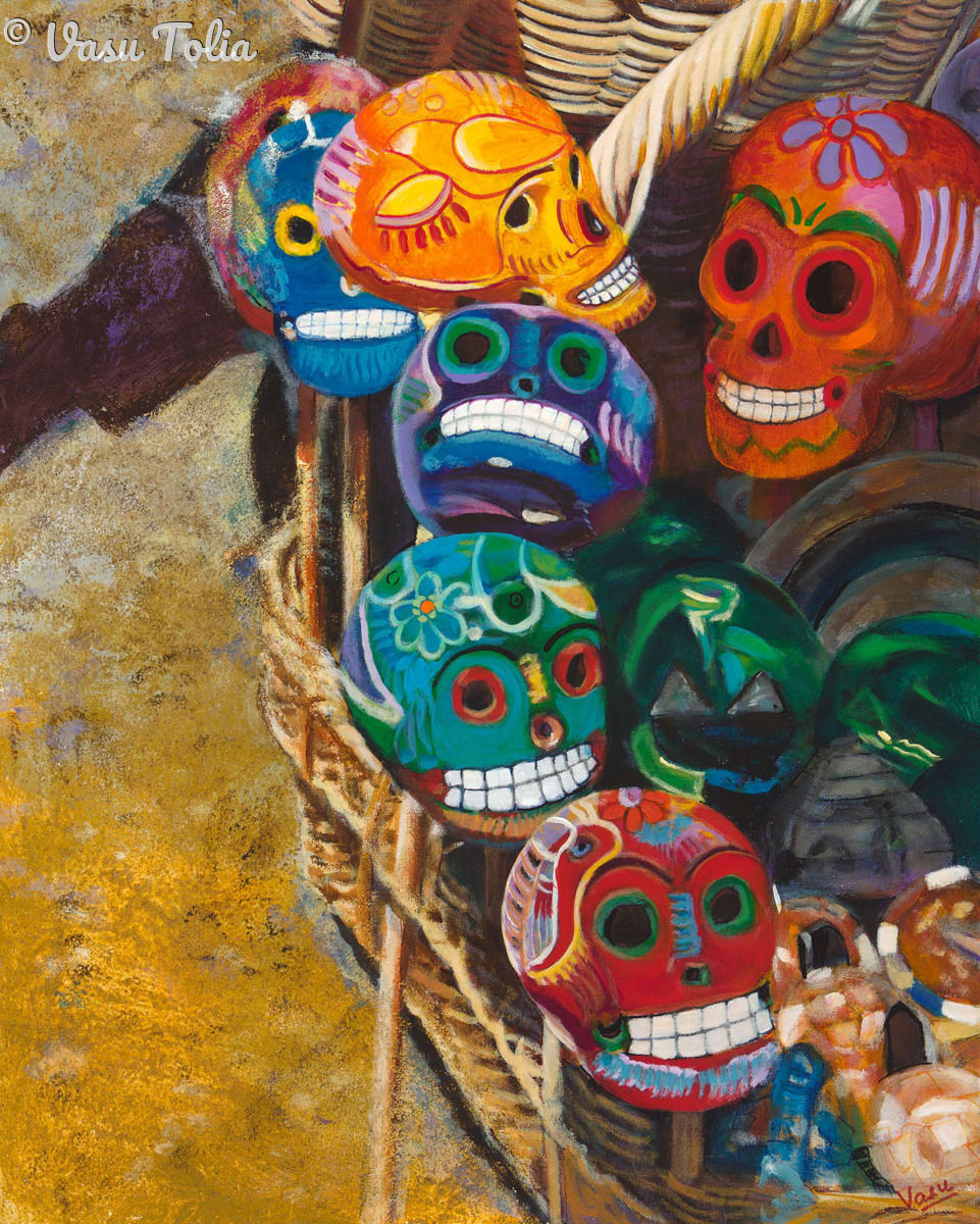 Coming alive again 1 by Vasu Tolia  Image: The painting depicts a vibrantly colored basket overflowing with skulls,  perhaps inspired by a Teotihuacan vendor basket. The use of such a  contrasting  image, with a basket, typically used to hold  mundane items,  filled with human skulls,  creates a  tension  between the  ordinary and the  macabre.The basket itself is  rendered in  earthy tones of  brown and  gold,  which creates a sense of  solidity  and  stability. By contrast, the skulls are painted in a  riot of  colors, including  red,  blue,  yellow, and  green. The  skulls themselves  vary  in  size and  shape,  with different expressions - grin or silent agony,  its presence on the Avenue of the Dead suggests  many  different  ways in which  people  experienced  death there centuries back.Overall, the painting is a  thought-provoking  work of art which forces the viewer to  confront the  mortality .