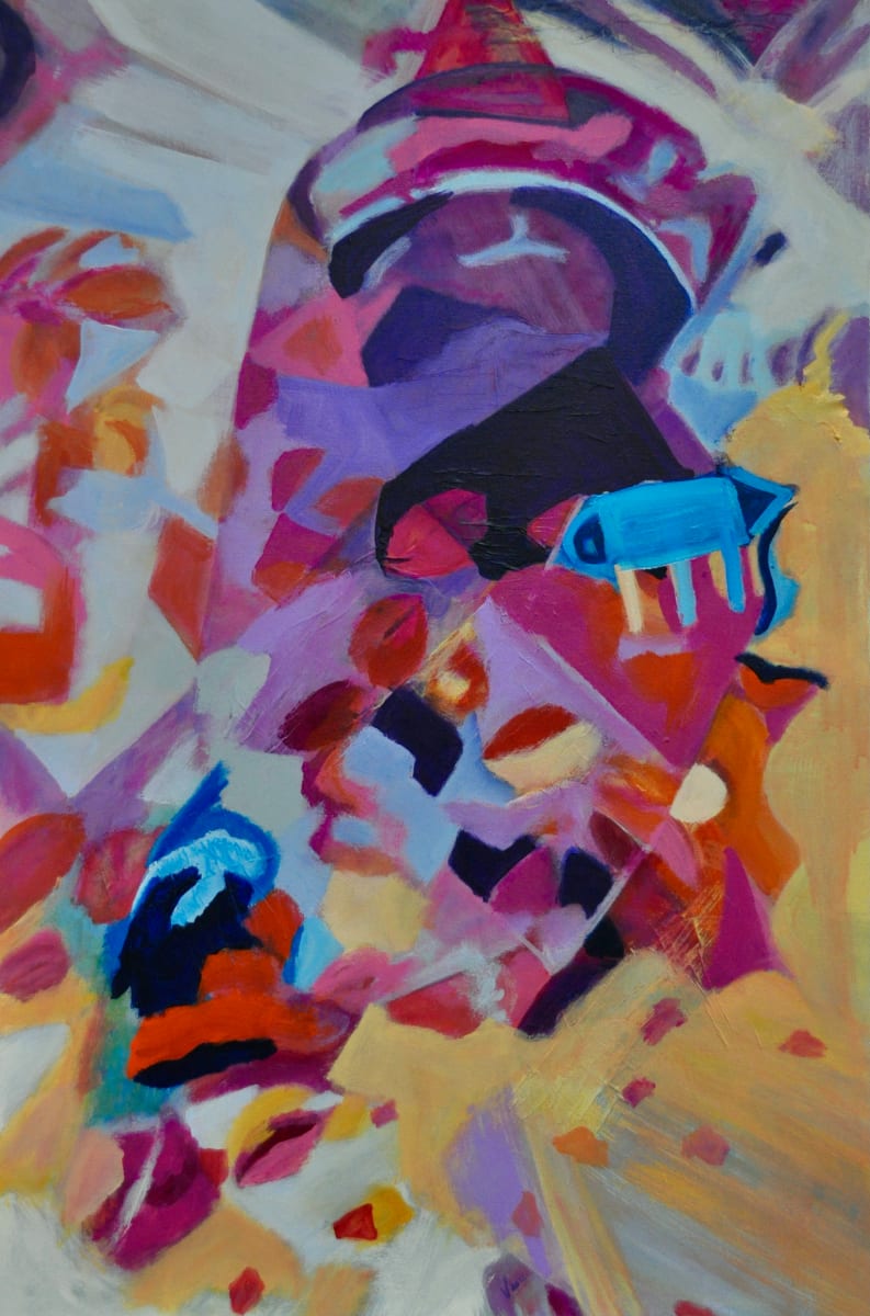 Pandora's Box by Vasu Tolia  Image: The feeling of splendor , an achievement worth accolades is depicted in this artwork using complementary colors of purple and yellow hues sprinkled with reds, pinks and grays. It is an action filled, energetic painting reflecting a crowning glory. 
