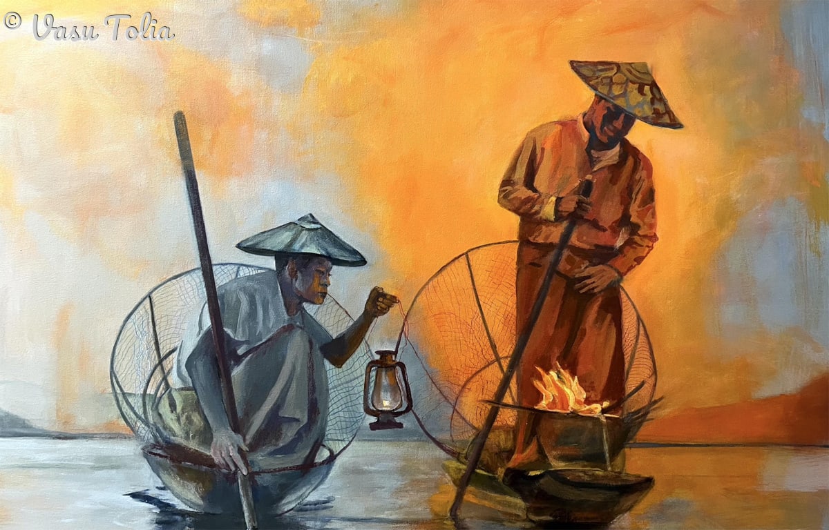 Twilight Tidbits by Dr. Vasundhara (Vasu) Tolia  Image: Two fishermen from Myanmar's Lake Inle engage in their evening ritual as twilight descends. One kneels with a lantern, the other tends a fire—preparing the day's catch on their small boat.
Witnessed during my travels through East Asia, this scene spoke to me of quiet resilience. The lantern, fishing net, and fire are more than tools—they're symbols of human perseverance, flickering against the vastness of water and sky.
Inspiration:
This painting explores the intersection of struggle and grace. The fishermen's daily challenges are present but softened by an almost sacred tranquility. In the golden hour's glow, labor becomes meditation, necessity becomes art. I wanted to capture not just what I saw, but what I felt: that even amid life's difficulties, there exists profound beauty in dedication and the human capacity to create warmth and light in gathering darkness.