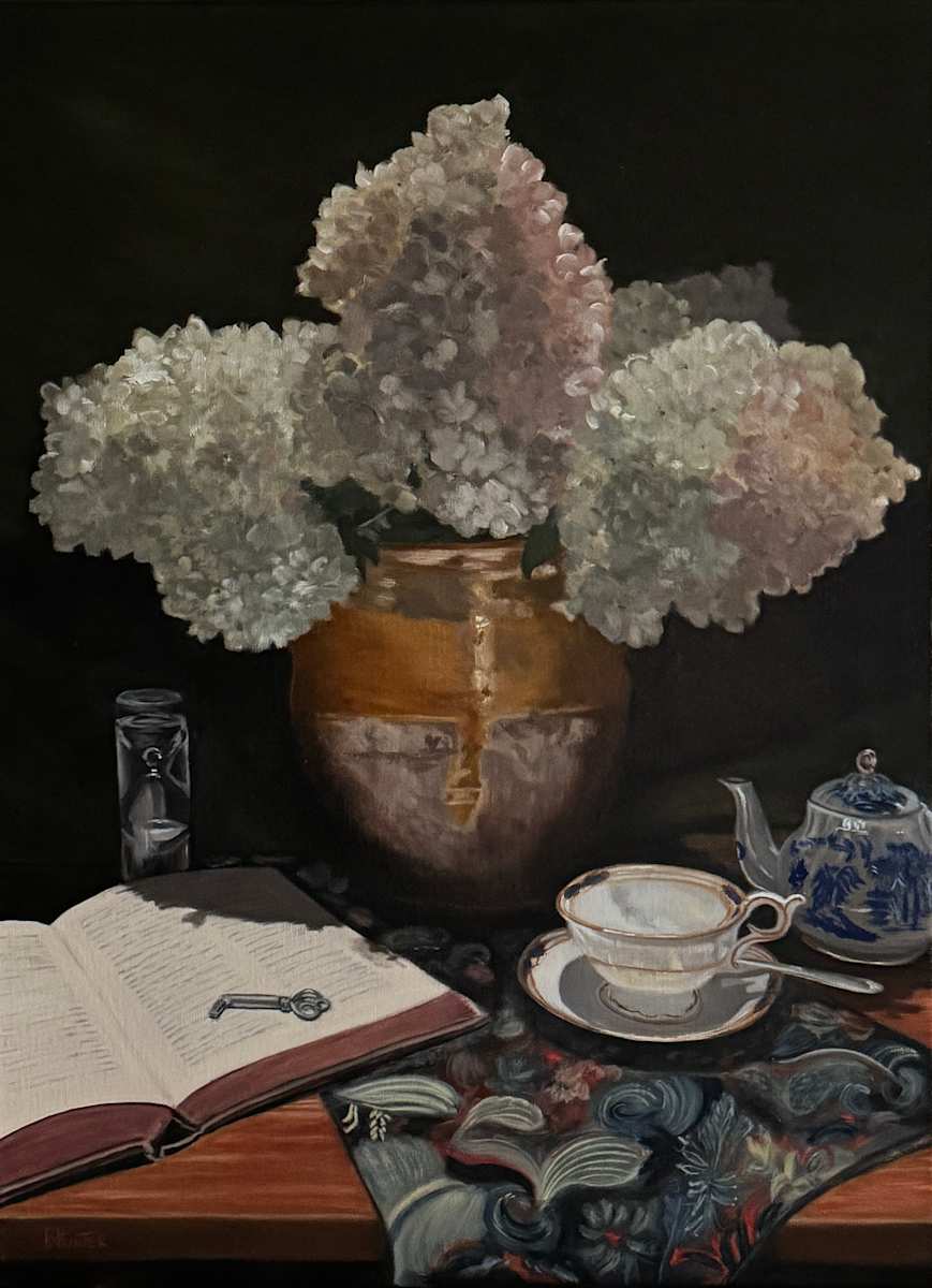French Confit Pot with Hydrangeas by Barbara Hunter Fine Art, Image 3.