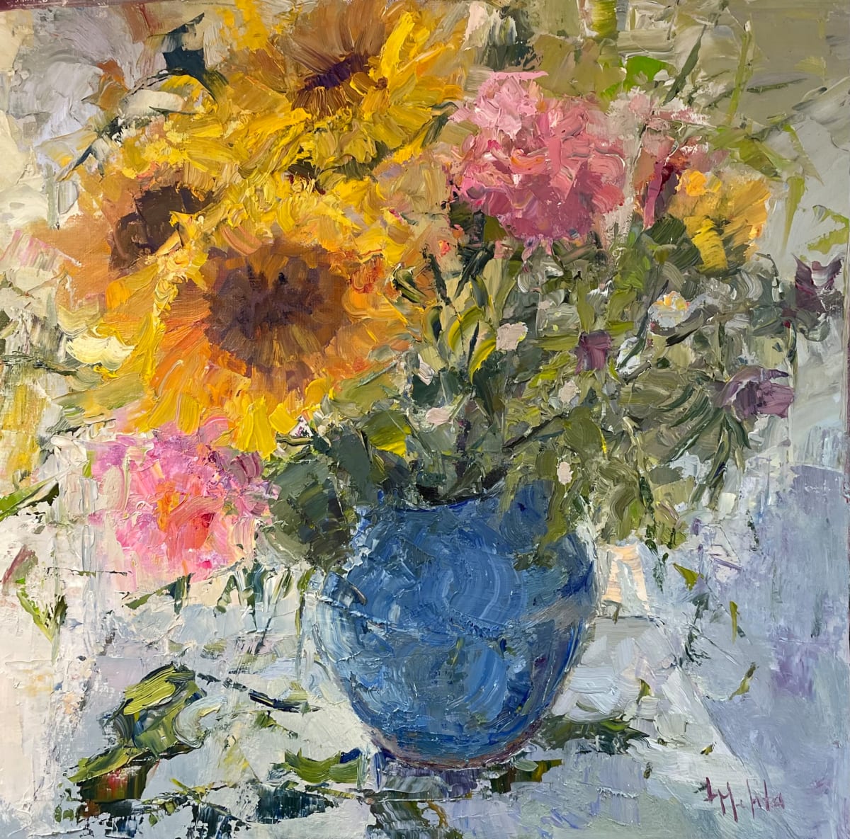 Sunflowers in Blue Vase by Lynn Mehta  Image: Sunflowers in a Blue Vase, 16x16