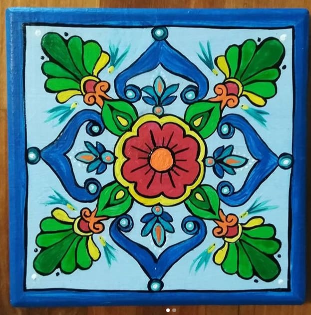 Red and Blue Tile by Donna Gonzalez  Image: Mexican Telavera Style Painting