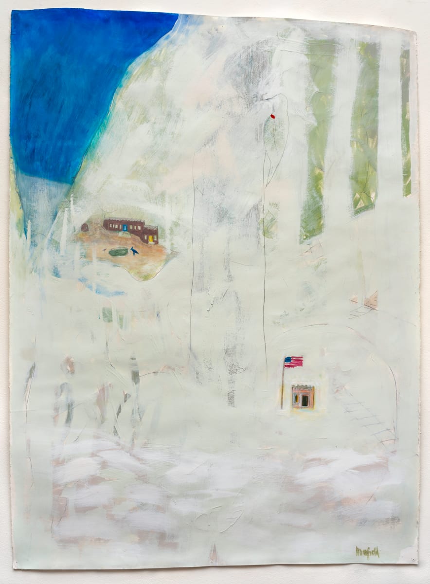 Winter / Glorieta P.O. by Barbara Mayfield  Image: In 1991, after I packed my youngest off to college, I rented out our little Philly rowhouse and took a train to Albuquerque in northern New Mexico. I brought a suitcase and a portfolio, and everyone thought I’d be back in 6 months. As it turned out, I stayed for 21 years. I bought a place in the country near Santa Fe in the village of Glorieta, at the foot of the mesa. I loved it there very much.
Life brought me back to Philadelphia in 2013 and I’ve been making paintings about the rural southwest a lot. About how it felt to live on a wonderfully dusty dirt road among mountains, mesas, canyons and the big sky, with only narrow ribbons of asphalt connecting a few small cities. This piece is about the deep snow at 7500’ and the P.O. - the only event in Glorieta -  where Postmaster R. Wilson, one of the greats, made it such a pleasure in atmosphere and conversation when picking up one’s mail.
It’s a work on primed Arches paper, 42”Wx58”H in acrylic, pencil, and oil. I like this painting because it is simple and to the point, borderline naive/innocent, which is how it felt to live in the wildness.
-Barbara Mayfield, Norristown 2022
