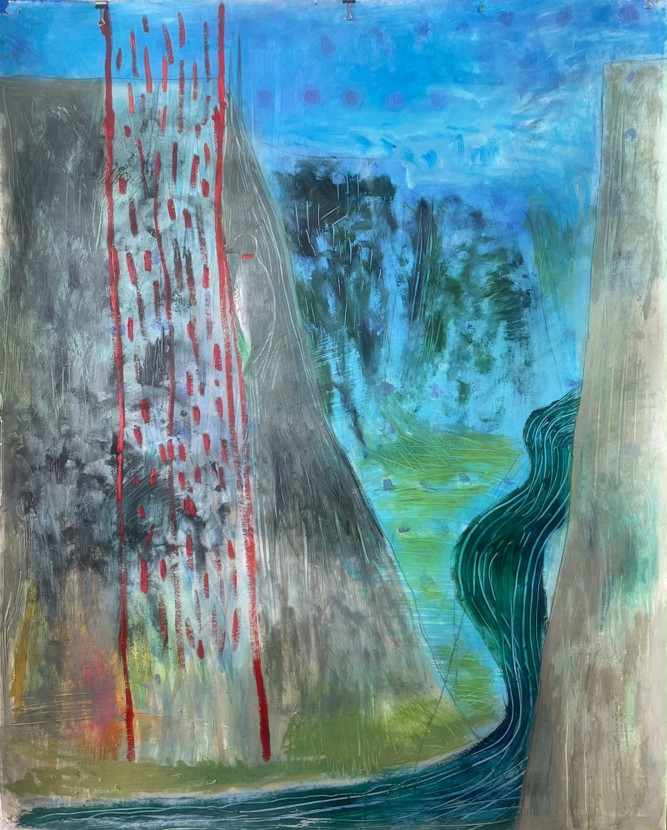 Rio Grande / Red Tree by Barbara Mayfield  Image: In this piece I was thinking about the stretch of the Low Road to Taos, past Velarde, where the canyon becomes very steep and one can catch glimpses of the high peaks.  