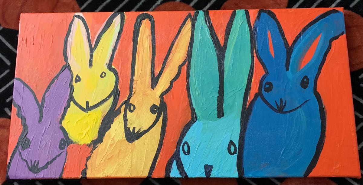 Five Little Bunnies by Janet Borders  Image: Oil on canvas with glitter gel varnish 