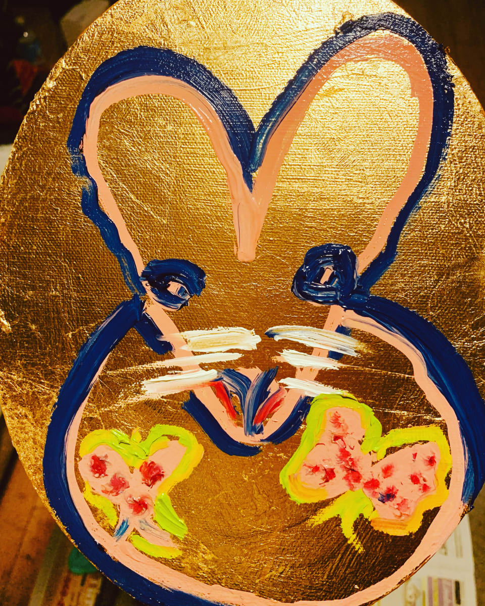 Navy Blue Baby Bunny on Gold Leaf by Janet Borders  Image: Bunny on Gold with flowers on its belly 