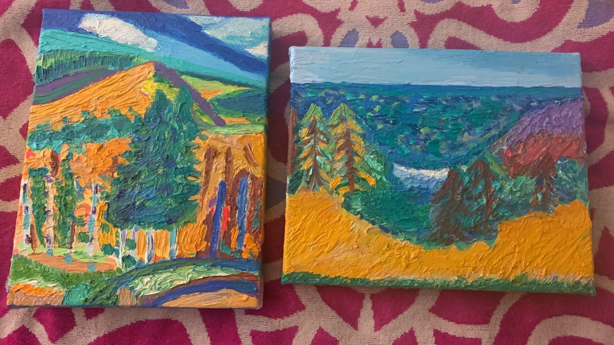 Mountain Tree Dream and Lake Tree Dream by Janet Borders  Image: Two paintings painted very thick to match ; one is horizontal one is vertical. 