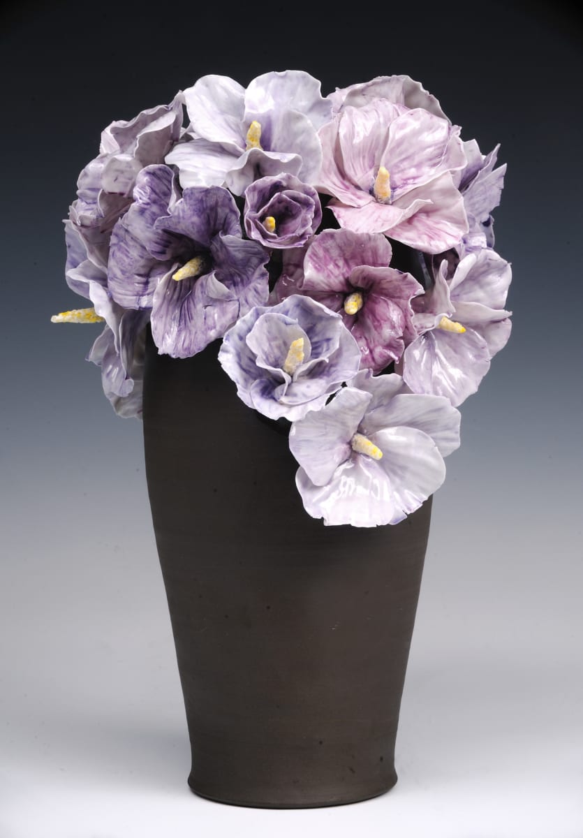 Sweet Summer by Christy Boltersdorf  Image: Black stoneware vase with purple porcelain flowers.