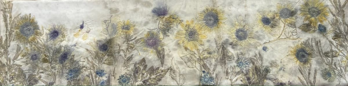 My Garden by Susan Brooks  Image: Botanical print on silk using plant life and imprints produced with a heat press.  Machine stitched