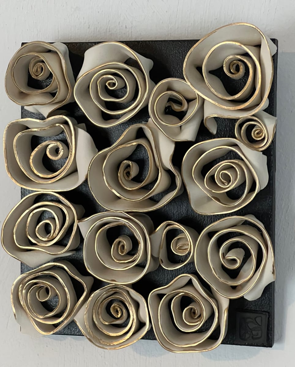 Roses in the Moonlight by Nicola Cornford  Image: Inspiration from Rennie Mackintosh Art Nouveau roses', these roses are made from ribbons of porcelain clay edged with gold enamel so they look as if they are shining in the moonlight.