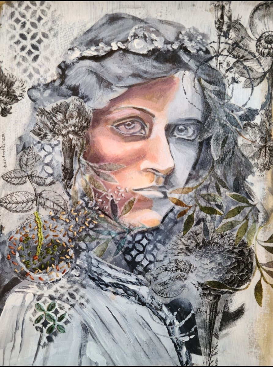 Ingest/Digest/Manifest by Betsy DiJulio  Image: Acrylic portrait with collage elements and embroidery