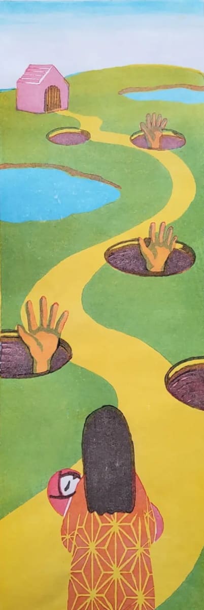 Finding the way home by Miki Nishida Goerdt  Image: The hands coming out of the holes represent those who wanted help from me as I served them as a mental health therapist. As I stopped to help them, my road home grew longer. When my daughter was very young, I’d rush to my car at the end of the day, hoping that she wouldn’t be the last child picked up from preschool– in my
guilt-filled mind, that would make me one of the worst mothers on earth. It would mean that I valued my work more than my daughter. This was irrational. My guilty feeling came from conditioning, under the influence of a traditional belief in Japanese culture that stay-at-home mothers are better mothers than those who work outside the home. The path in the image represents my desire to return to my cultural roots with my daughter in my arms, even if some parts of the culture were unhelpful to me as a working mother. As I became “Americanized” during my stay in the U.S., I wondered if I still knew the way home, back to my culture, in order to share it with my child.