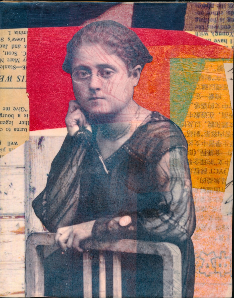 Heritage: Yetta Dichne by Tracy Finn  Image: This piece is part of my Heritage series - begun by layering family portraits over my collage work. Yetta emigrated to the US from Russia as a teenager in 1922. She was the smart one in a family of 4 girls and died tragically young shortly after her arrival. Her story lives here and in my heart.