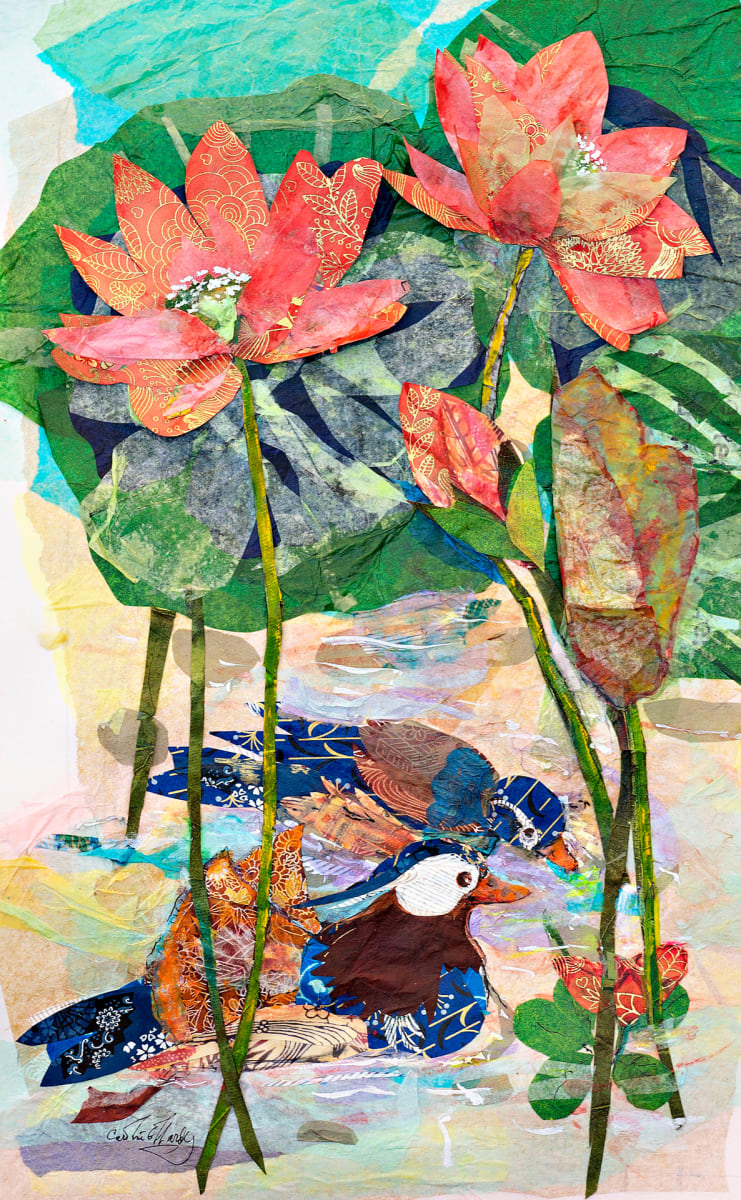 Two Mandarin Ducks on a Lotus Pond by Caroline Hardy 