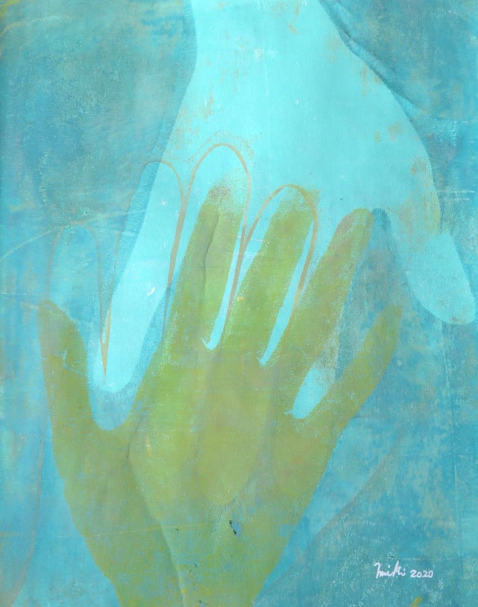My ancestors's hands on mine (No. 2) by Miki Nishida Goerdt  Image: The concept of epigenetic inheritance sparked an interest, leading me to reconsider my connection to my ancestors. What connects us, exactly?Have their experiences influenced my view of the world? If so, how? These prints are the field notes to my initial inquiries to the ancestors.The gelatin monotype process requires repetition: Spread the ink on a gelatin plate. Place stencils over the ink. Lay down a piece of paper. Rub the paper. Peel the paper. As I repeated this process over and over, I derived several images from the same hand-shaped stencils. The resulting group of images were related but distinct, like family members. The process of creating these images reflects how genes and life experiences pass down to each generation—there are repetitions, some elements are more pronounced than others, though at times no connection is apparent. A mutation may act as a template for later versions, much like how a torn stencil changes the images I’d make with it in future prints.