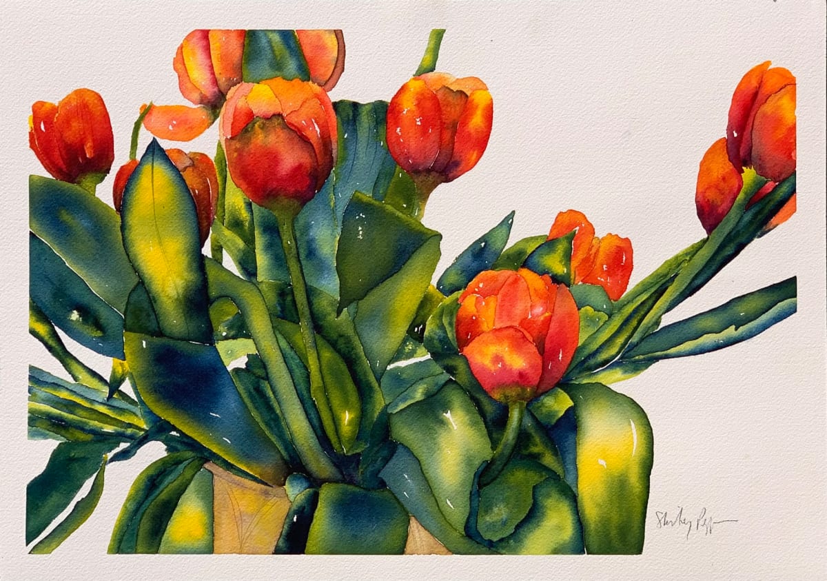 Scarlet Tulips in a Mustard Pot by Shirley Peppers 
