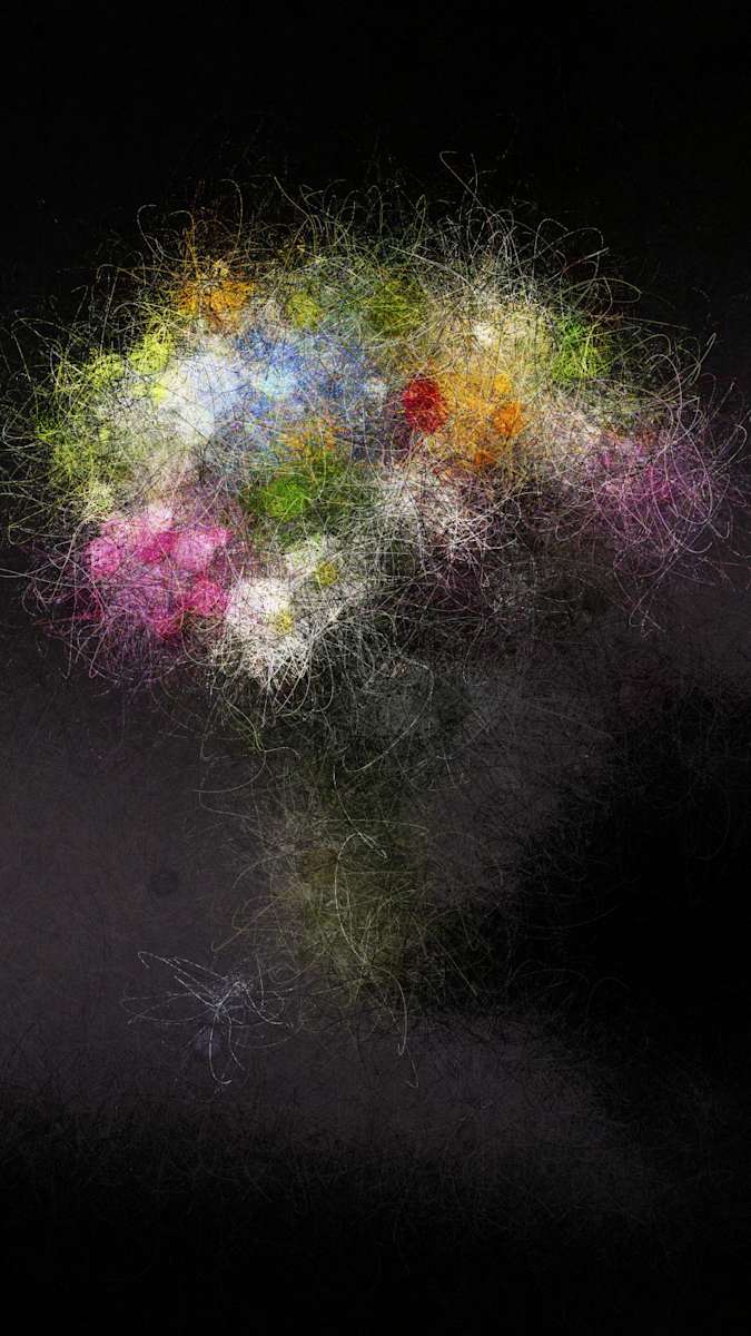 Moment by Dave Ryan  Image: See Simulation at: https://thigmo.org/moment.html

What looks like a still life image slowly degenerates over time. The computer draws shapes, lines, etc based on the image. Each image becomes the source for the next generation; it falls apart slowly, then starts over again. The visual feel of this piece lands in the zone between still image and motion picture: it evolves at a constant pace at the threshold of human perception. Generated in real time, it will never repeat.
