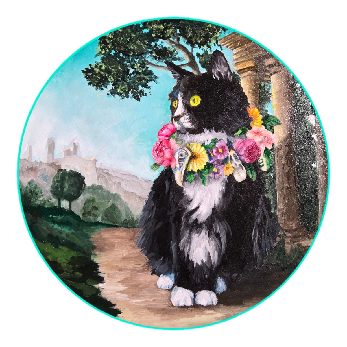 Catverse by Catherine Mills  Image: Catverse, Oil on round panel, 12 inches diameter