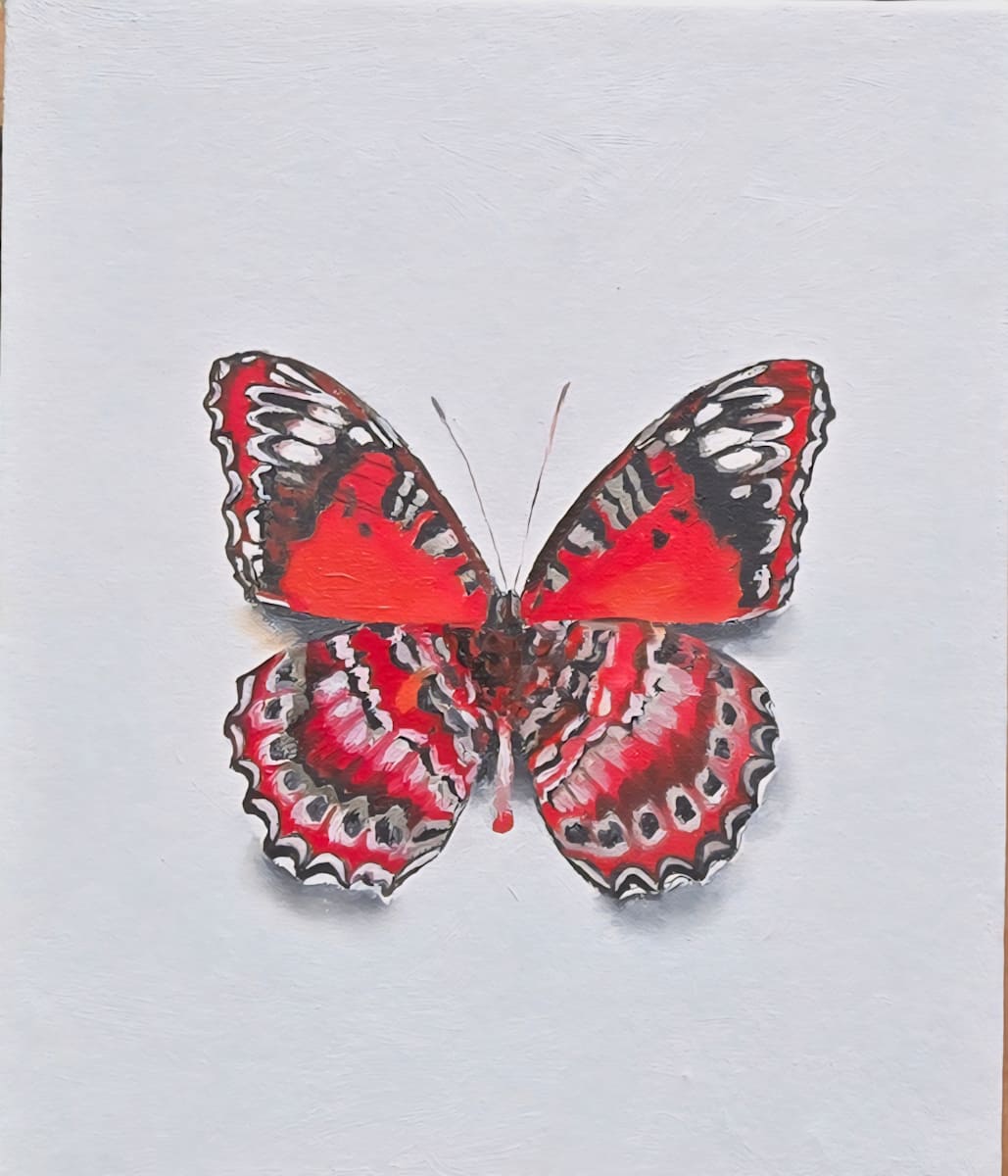 Red Lacewing by Catherine Mills  Image: Small original oil painting, oil on canvas wrapped gallery panel, 8 x 10 inches