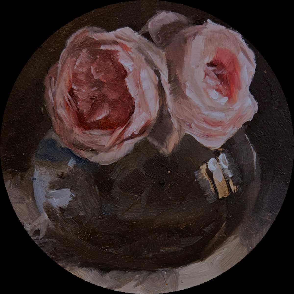 Two Roses by Catherine Mills  Image: Tow Roses, oil on aluminum panel, 4 x 4 inches