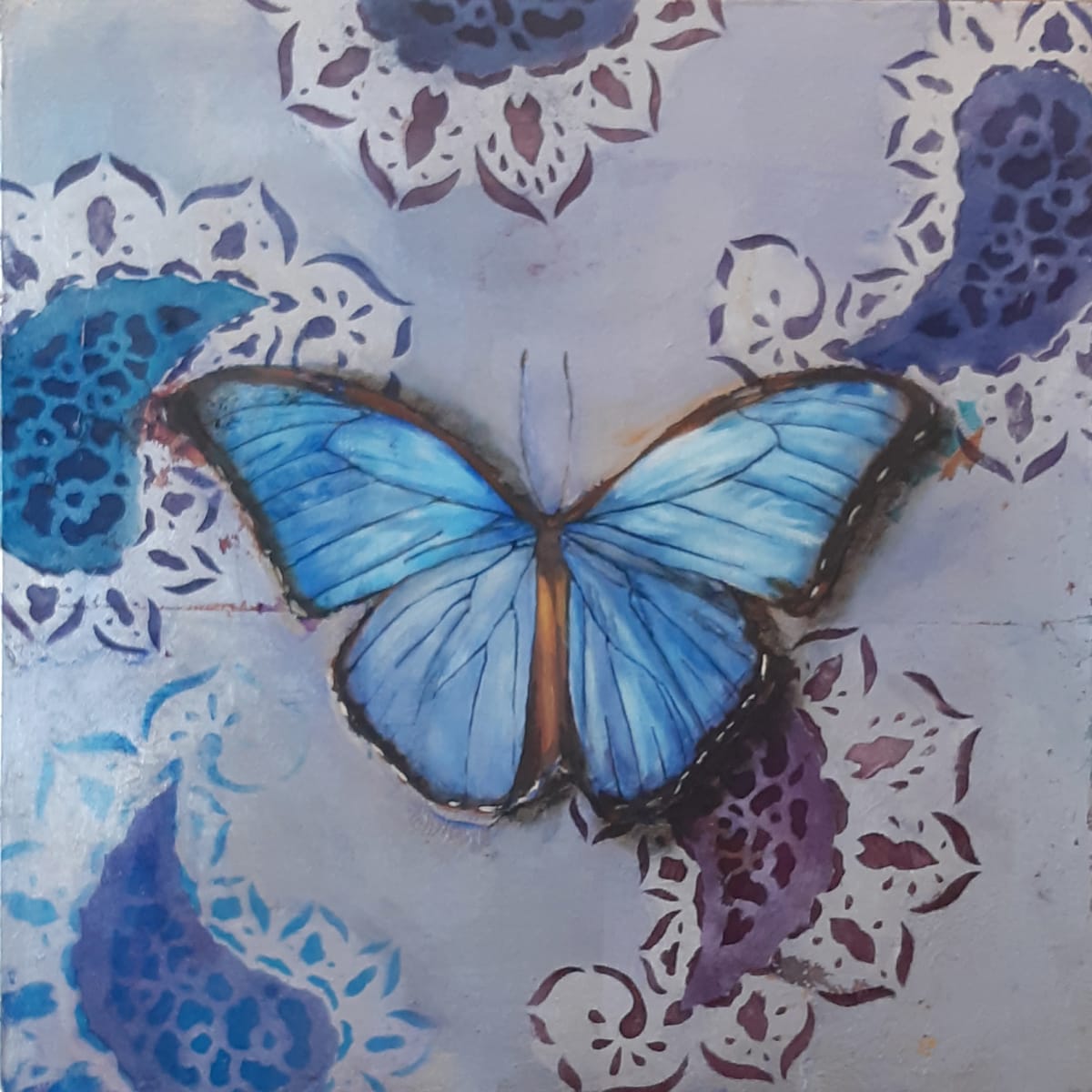 Paisley Blue by Catherine Mills  Image: paisley Blue, Oil on silver leaf on wood panel, 12 x 12 inches