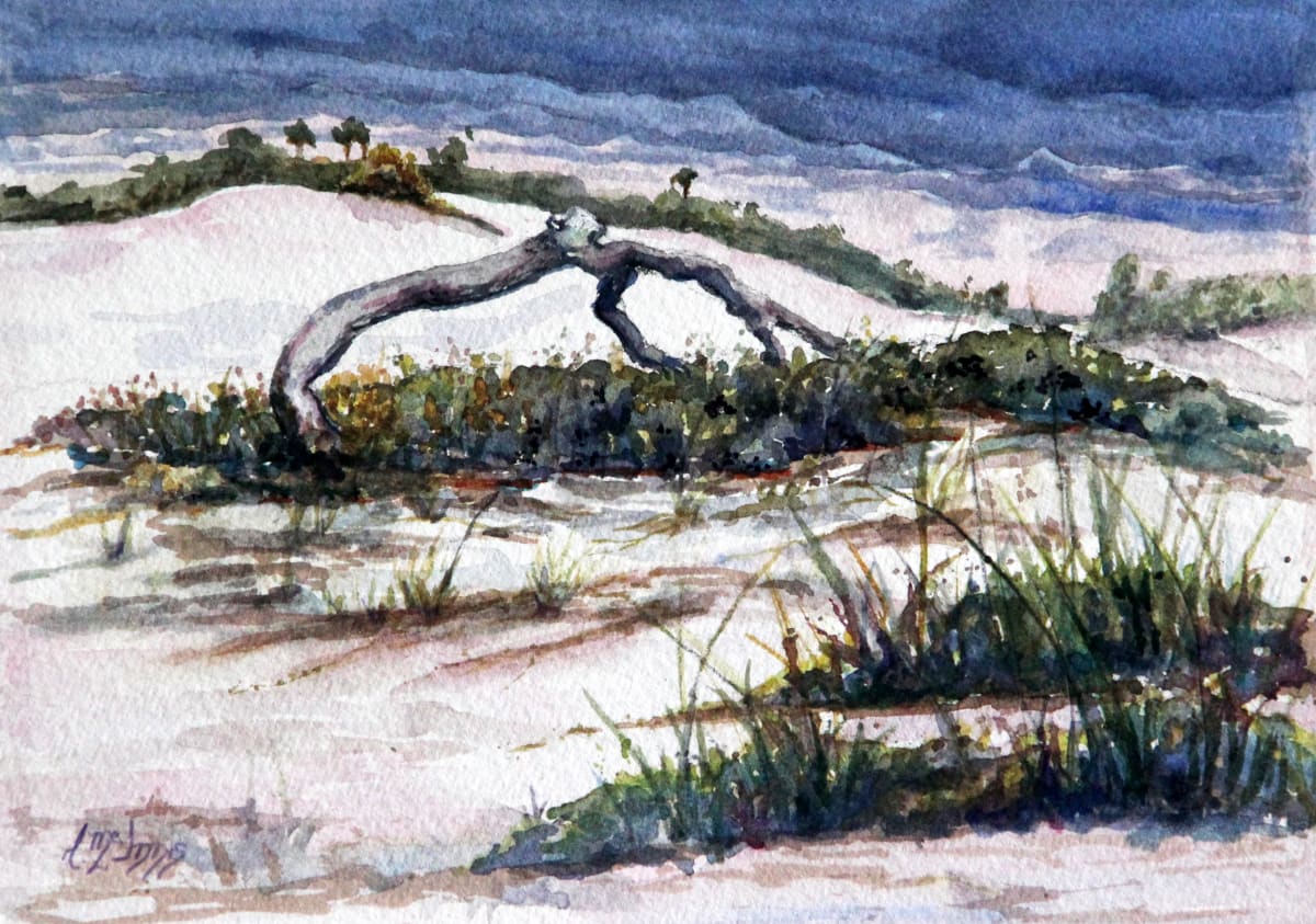 Blown and Determined by Theresia McInnis  Image: This oak painted in Plein-air at Grayton Beach State Park is a testament to the determination of nature to survive. the top is submerged in the sand and yet comes up for air.  The sun-drenched foreground is in contrast to the gathering storm clouds.