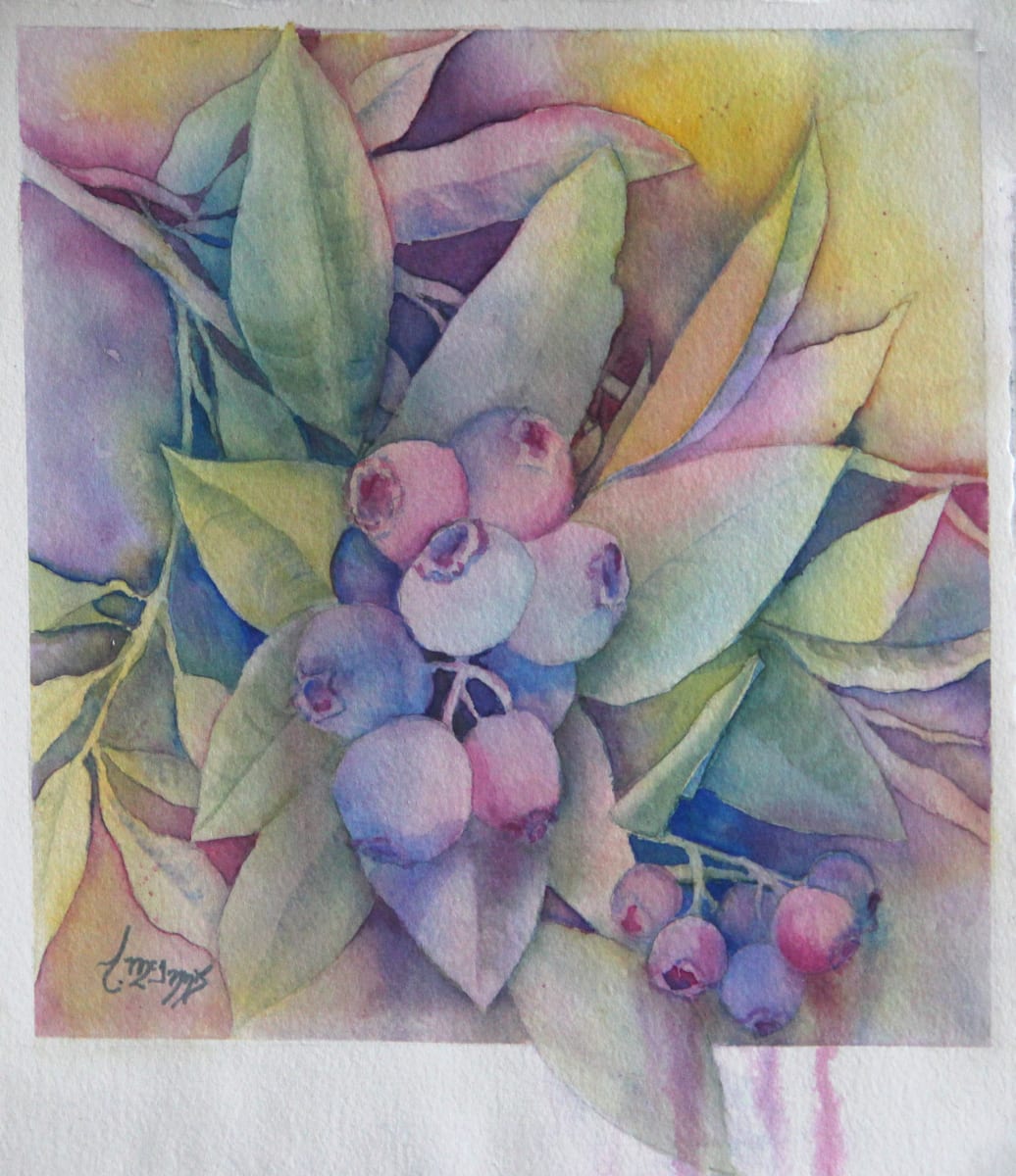 Blueberry Juice by Theresia McInnis  Image: Juicy Blueberies are painted in soft pastel colors designed to complement the softer palet homes.