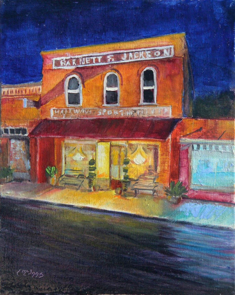 Closing Time by Theresia McInnis  Image: A warm light that spills onto the sidewalk and spills into the street below. "Closing Time" 8x10" oil.