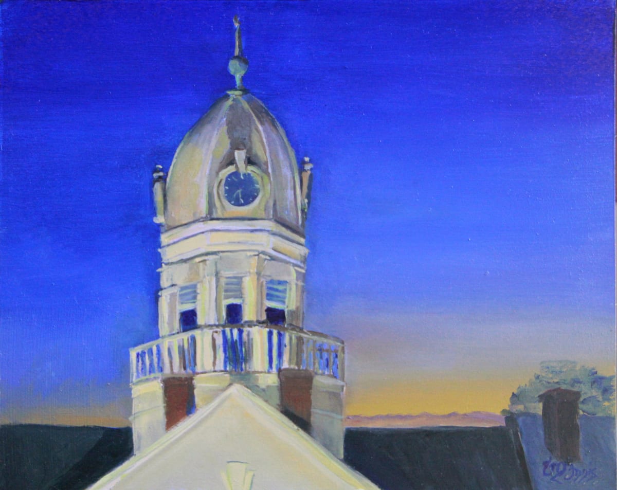 Courthouse Last Chime by Theresia McInnis  Image: I finished the painting as the light was disappearing. Because I had a balcony view, I left the easel till morning.  Checking the piece over before dismanteling the next morning I was shocked! The hands on the clock tower were missing! Had we painted the Last Chime? YES the clock restoration and replacement had begun.
