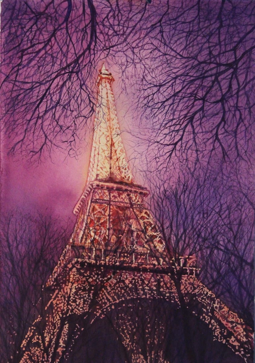 Eiffel Evening by Theresia McInnis  Image: The Eiffel tower sky was back lit by lights from the merry go round in the cool November sky. 
