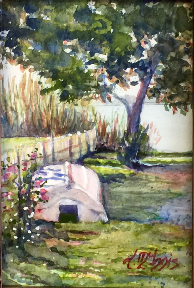 Empty Transom by Theresia McInnis  Image: The motor is missing and she is high and dry.