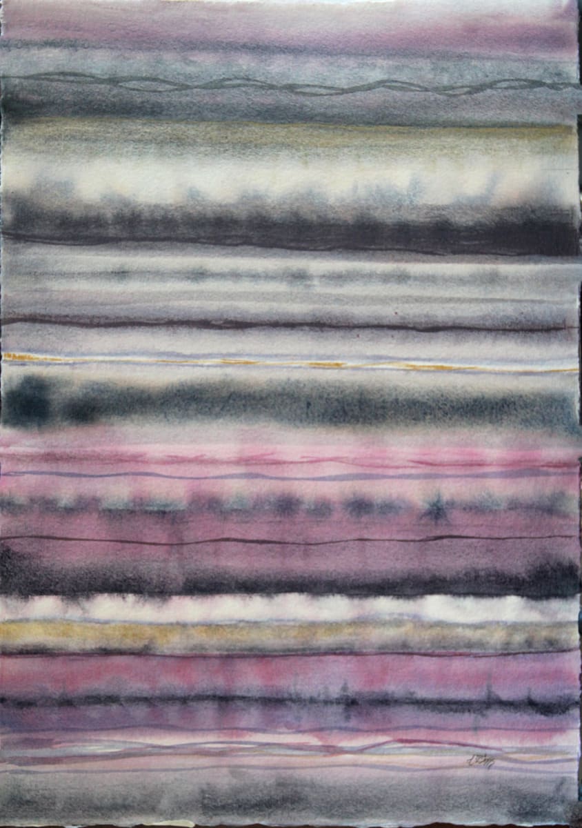 Fuchsia Stripes by Theresia McInnis  Image: Granulating colors of Fuchsia and Greys gently play across the page and are embellished by metallic golds and silvers.