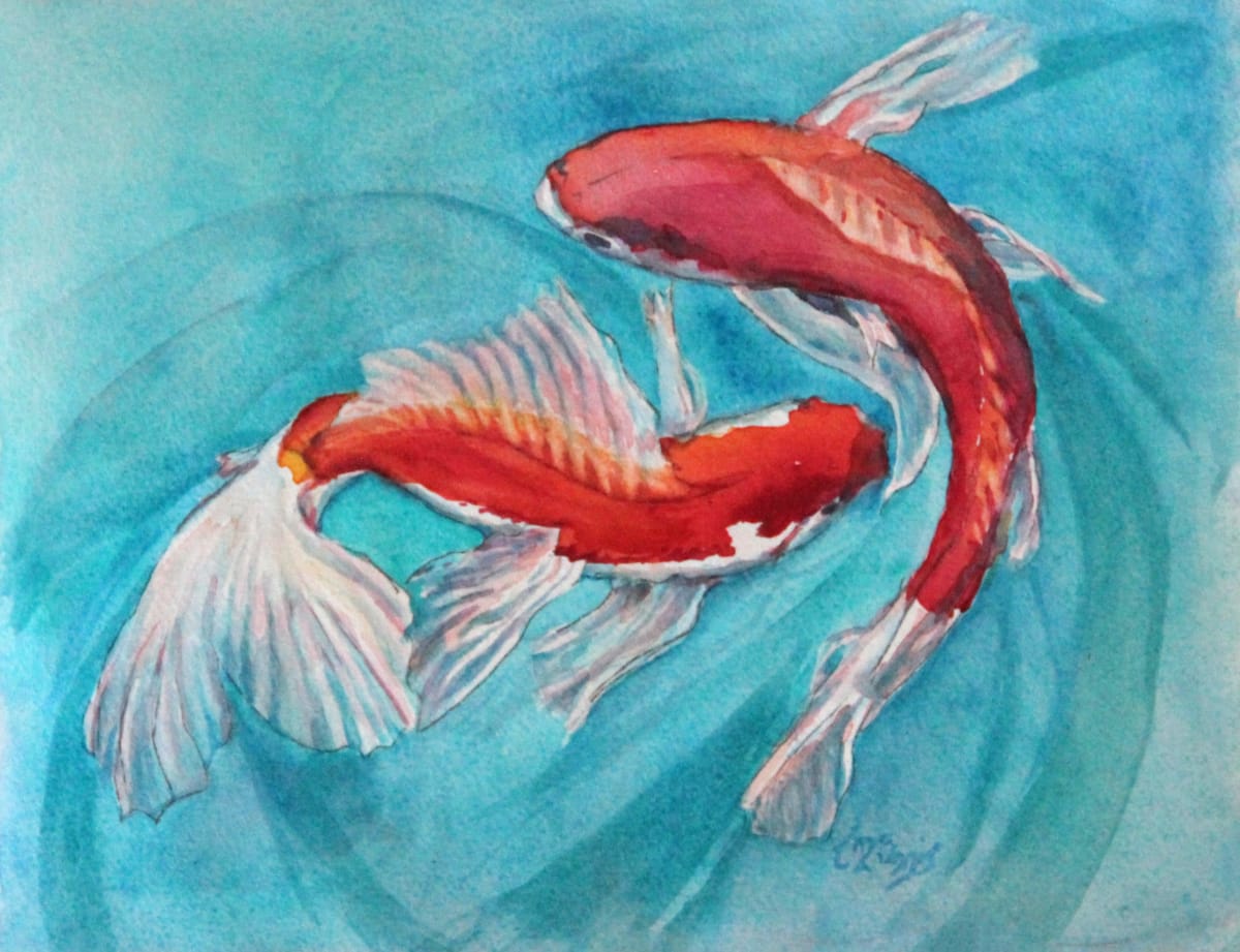 Golden Koi on Turquoise by Theresia McInnis  Image: Playful golden red Koi make for a playful contrast swimming in a pond of aqua.