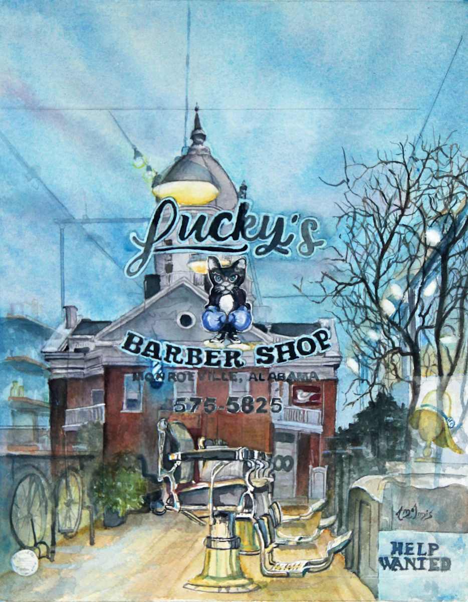 Lucky's Reflection by Theresia McInnis  Image: Lucky's Reflection. Monroe County Courthouse reflected in the Shop Window bridges connections with present and our nostalgic past.