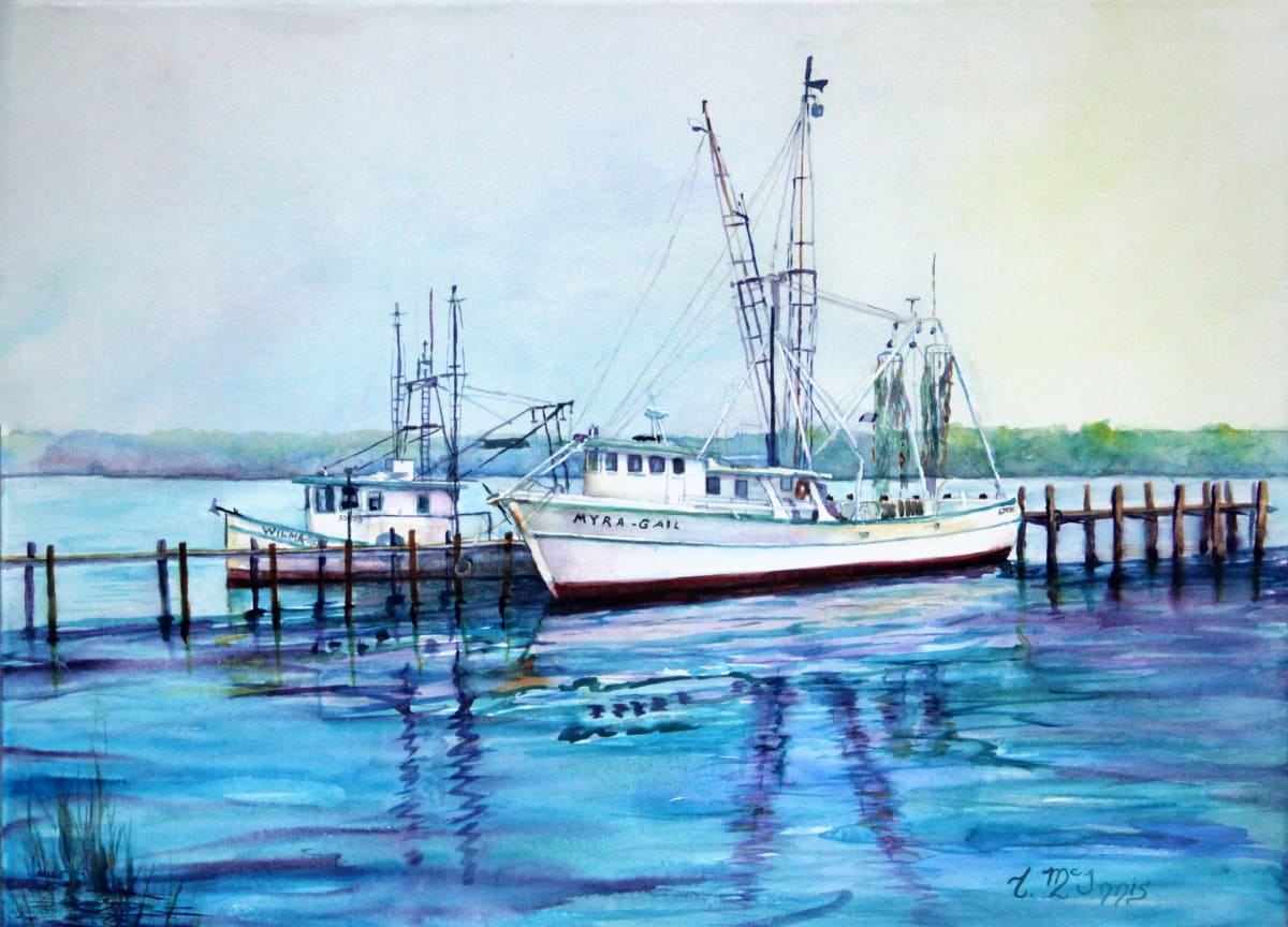 Myra Gail by Theresia McInnis  Image: The Myra Gail has been a long term resident of Boggy Bayou in Niceville where you can hear her chugging out in the evenings on a shrimping run. It's a sign of sweet promises on the morrow!
This watercolor is on an artist stretched canvas.