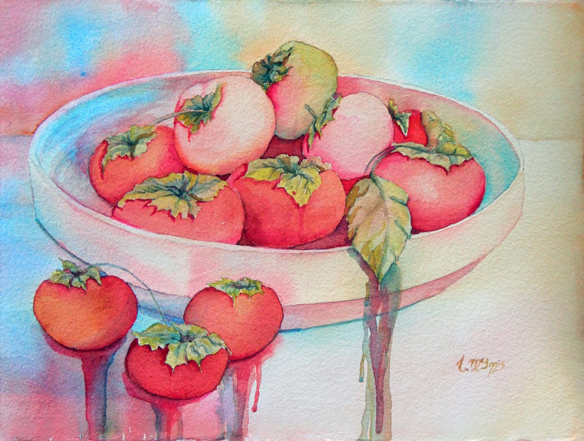 Persimmon Juice by Theresia McInnis  Image: This delicious bowl of persimmons sat on Kathy's table fresh from her tree. They actually look like litte pumkins on the tree limbs! 