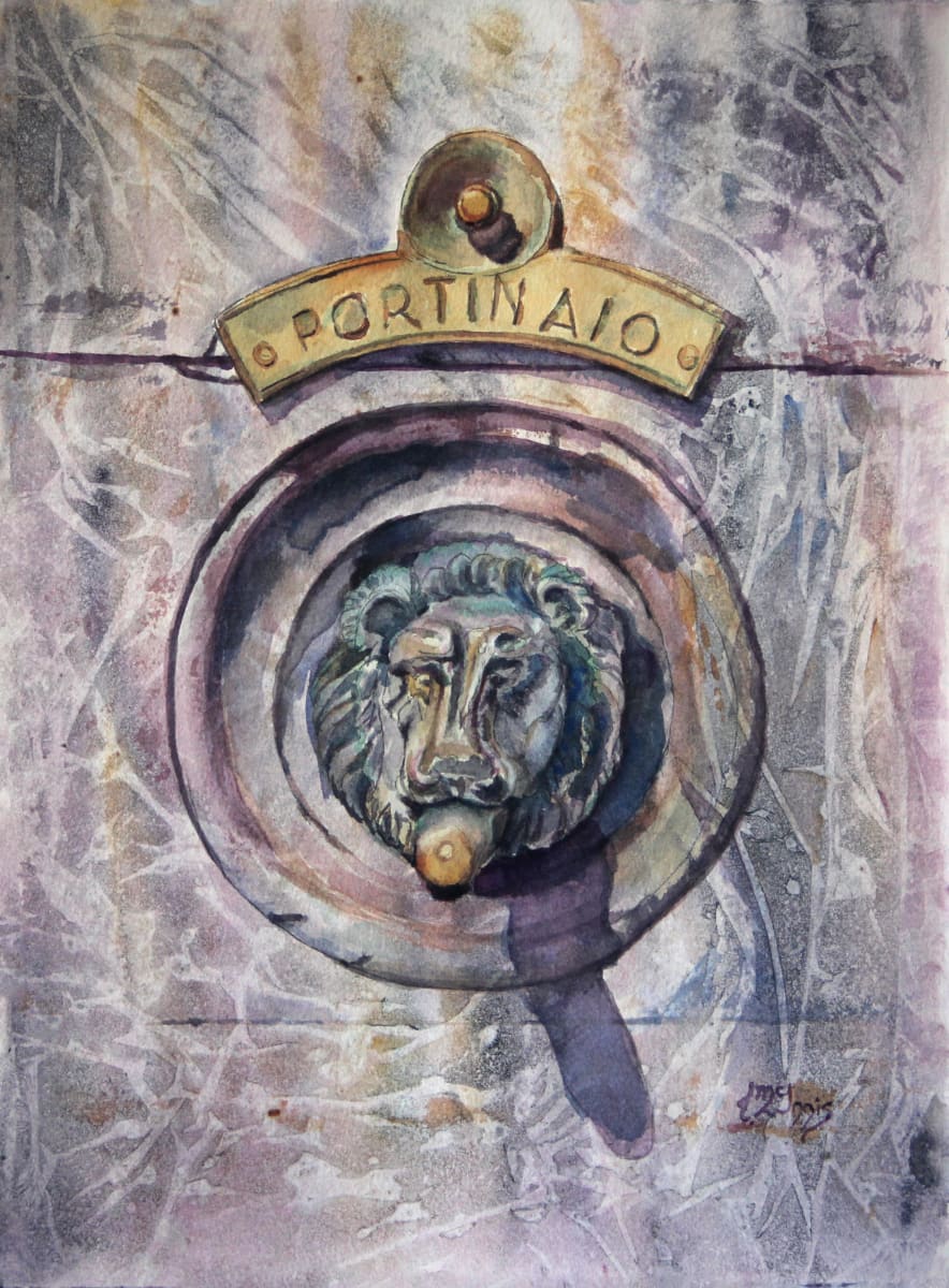 Gates of Melody by Theresia McInnis  Image: Venetian doorknocker set into a textured stone wall.