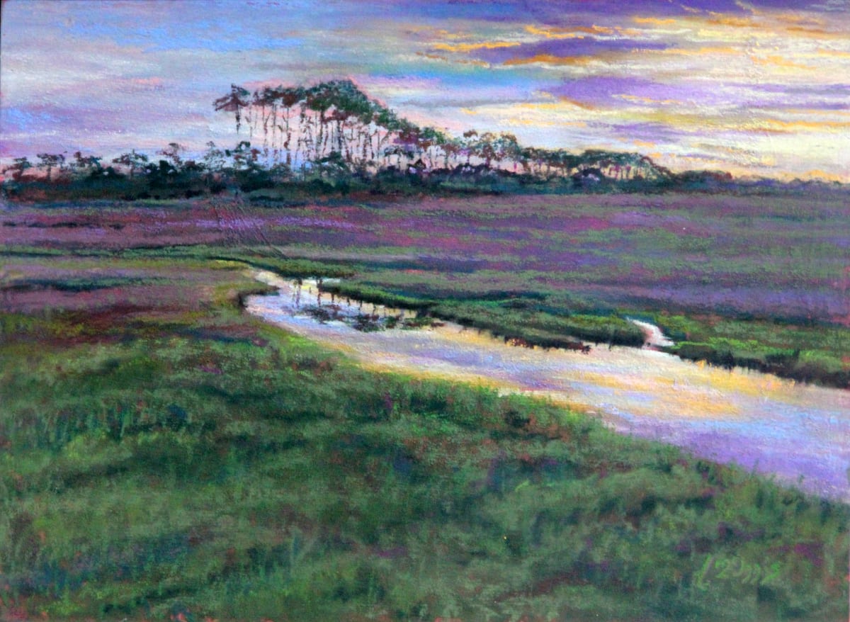 Salinas Park Grasses by Theresia McInnis  Image: Sunset glow on marsh grasses gives a glow in the distance of lavender.