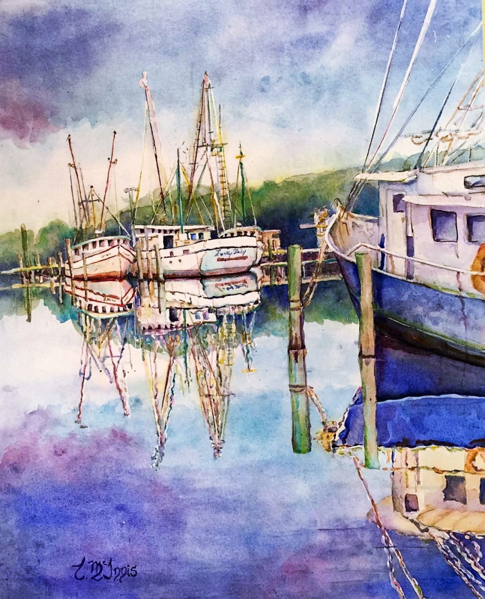 Shem Creek by Theresia McInnis  Image: Watercolor on wooden cradle ready to hang. I loved the restful late afternoon reflections on the busy cove. Doesn't it speak to you of the end to a successful job and promise of satisfied self reflection!
