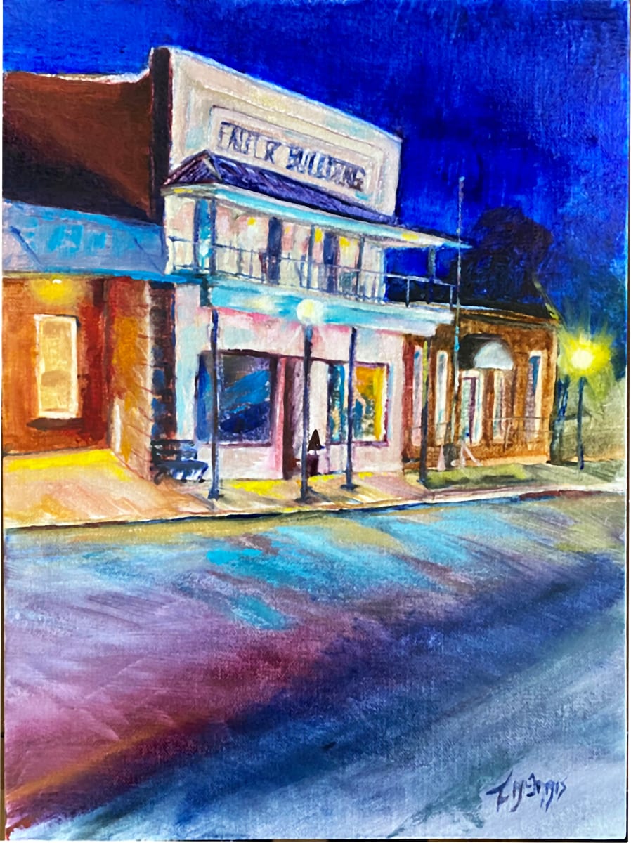 Sleepin On the Square by Theresia McInnis  Image: Nocturne of sleepy southern town of Monroeville. The Faulk Building once was a millinery shop for the Faulk sisters.