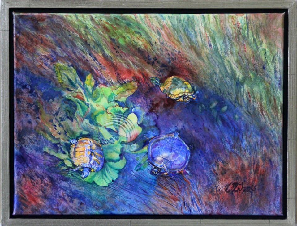 Turkey Creek Turtles by Theresia McInnis  Image: The turtles frequent the creek right under the bridge hoping for children to drop food. This piece is not under glass but instead is sealed with a UV protection that enhances the watery effect.
