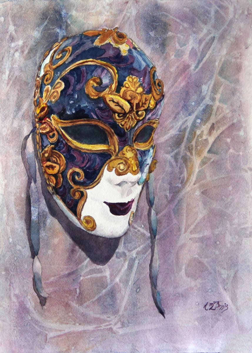 Masked Wanderlust by Theresia McInnis  Image: Venetian Mask mounted on wall textured in an aged plaster effect. The composition exudes a sense of wanderlust and invites the viewer to embark on a journey of exploration and discovery. 