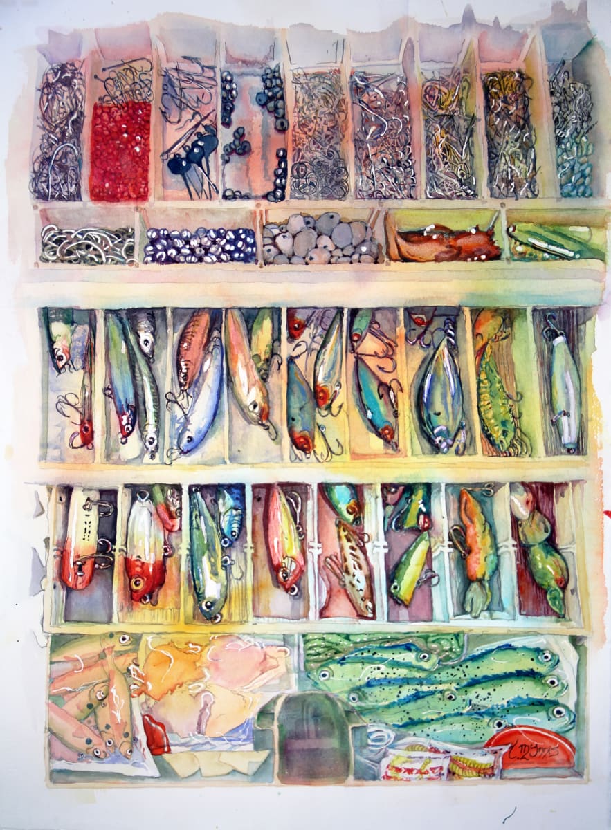 My Elbow's a' Itchin (print11x14 ) by Theresia McInnis  Image: A friend, and lady angler was in the depth of winter, bored with the repeated days of cabin fever, photographed her tackle box and posted “My elbow is itchin”. This painting became the 2015 Destin Seafood Festival Poster.