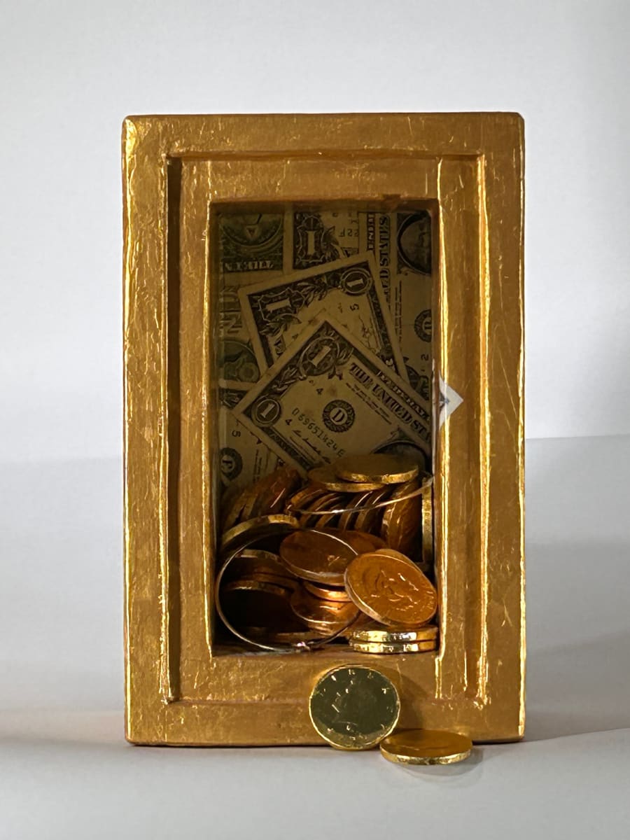 All that Glitters, God Boxes Installation by Mark Gerard McKee  Image: 2014.01.10, God Box No. 10, All that Glitters 2014, , 10.750 x 6.750 x 6inches, Wood, money, chocolate, foil, braclets, acrylic paint. ©2023 Mark Gerard McKee.jpg