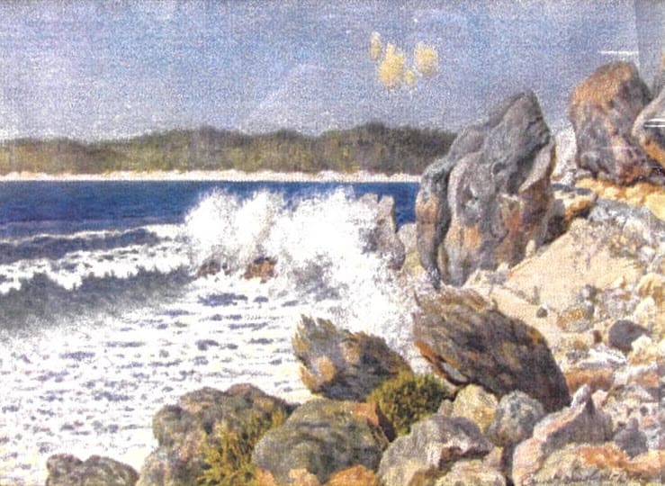 Untitled (Rocky shoreline and crashing waves) by Ernest Sawford-Dye 