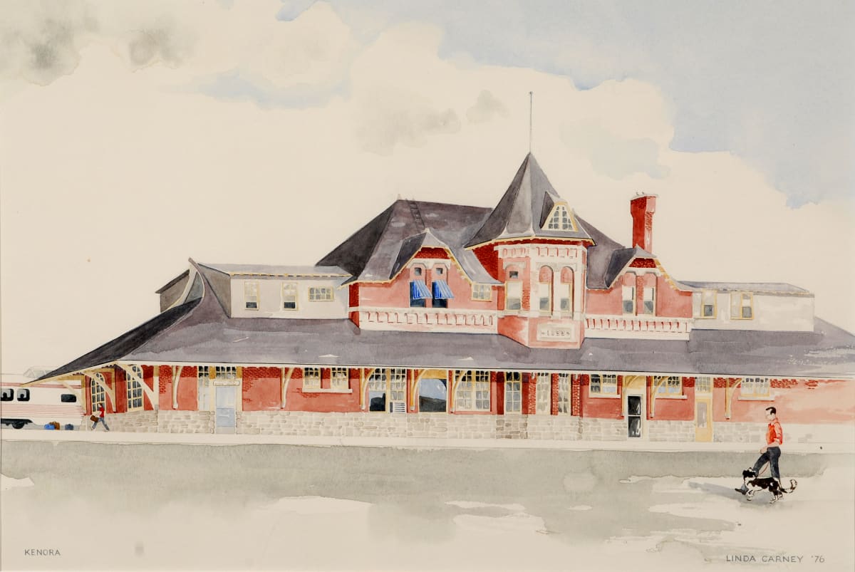 Kenora by Linda Carney  Image: I was attracted by the architecture of the train station representing a different era. The drawing was a challenge as the proportions had to be correct. I felt I had command of the perspective required. What I have achieved is a record of the station in its heyday.
My background was in advertising design at the Ontario College of Art and I got a certification for teaching art. So painting was not my training; so having moved away from Toronto and advertising, I was finding my way and following my interests in drawing and painting.
