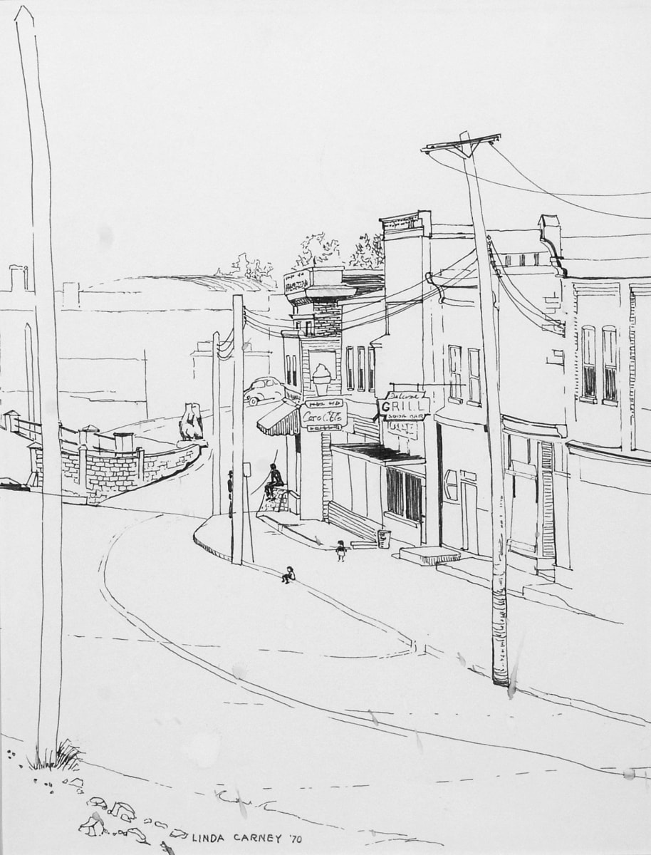 Untitled (Cobalt - Lang Street towards old Cobalt Square) by Linda Carney  Image: This is one of several felt pen drawings done on site in Cobalt. I was interested in the compact store fronts and signs. This would have made a good study for a painting.