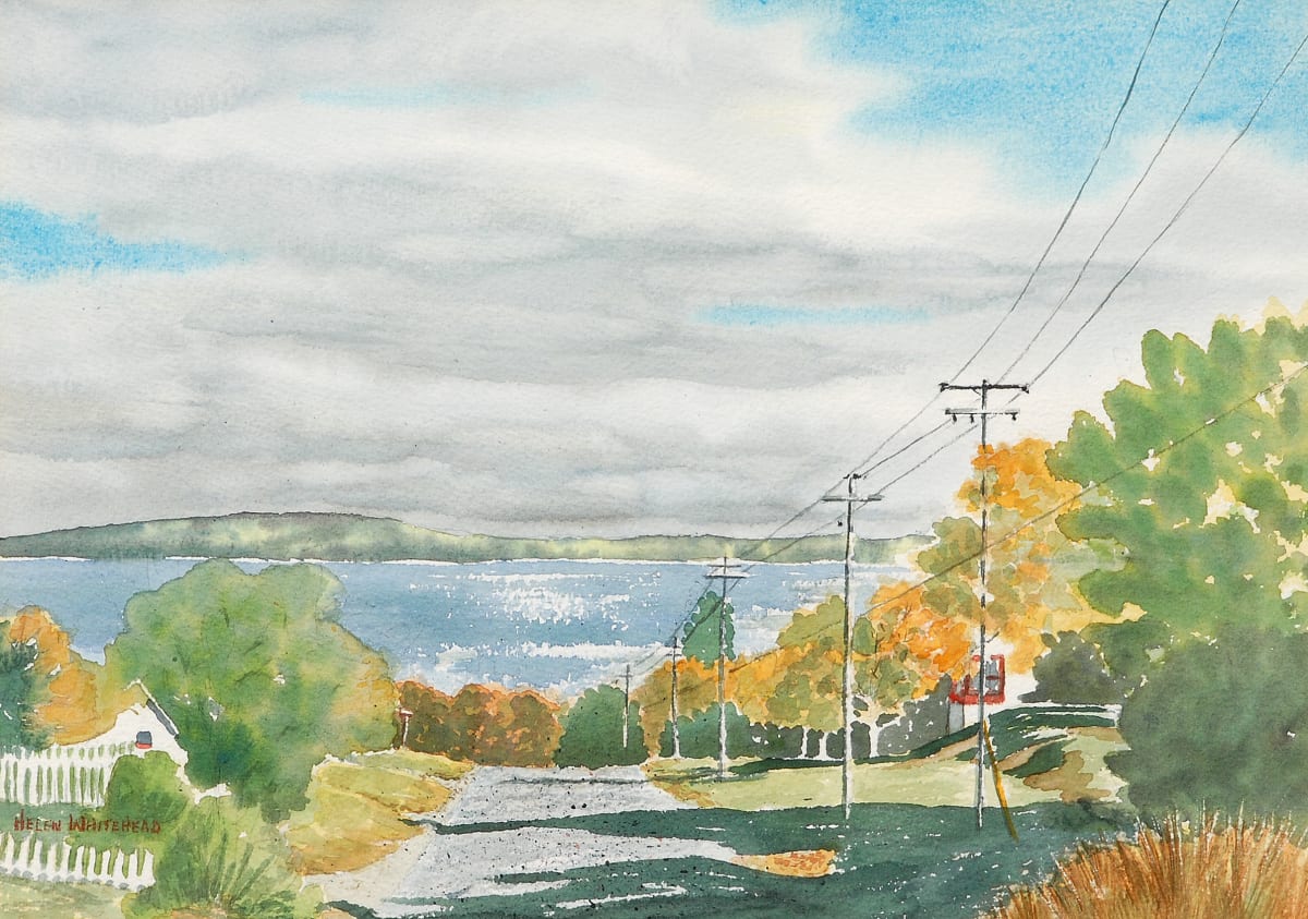 Florence Street, Haileybury by Helen Whitehead  Image: This watercolour was painted on site during a deliberately chosen sunny afternoon during a Cobalt Artist Colony. I was particularly intrigued with the distance perspective from the top of the hill, down and right across the water. The lengthening shadows added to the dramatic quality.