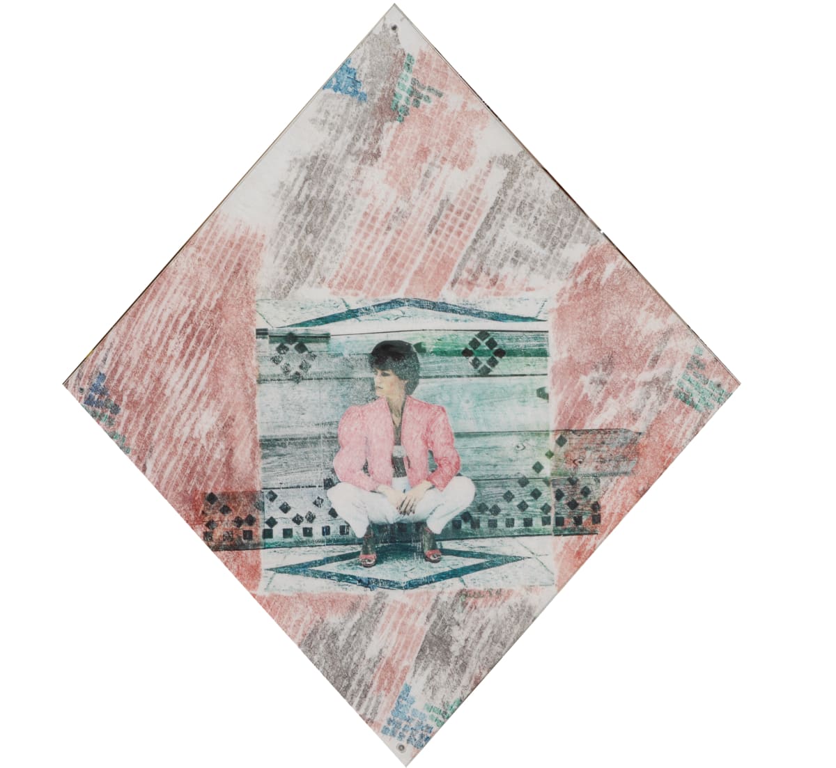 Untitled (Young Woman) by Joice Edwards  Image: This piece is almost laughable, because it is colour xerography, now in everyone’s home office, but thirty years ago, I had to travel to an Artists’ Resource Centre on Queen’s Quay, Toronto, the only or one of a few places to do xerography. The image and the blue colour in the heart shape was to point to the over use of that symbol for LOVE when it all too often meant one type of love. The blue also represented deep unknown waters – youth so vulnerable and maybe a little ‘lost at sea’. The diamond shapes represent the lure of wealth that could lead to tight corners when mixed with emotional sex.