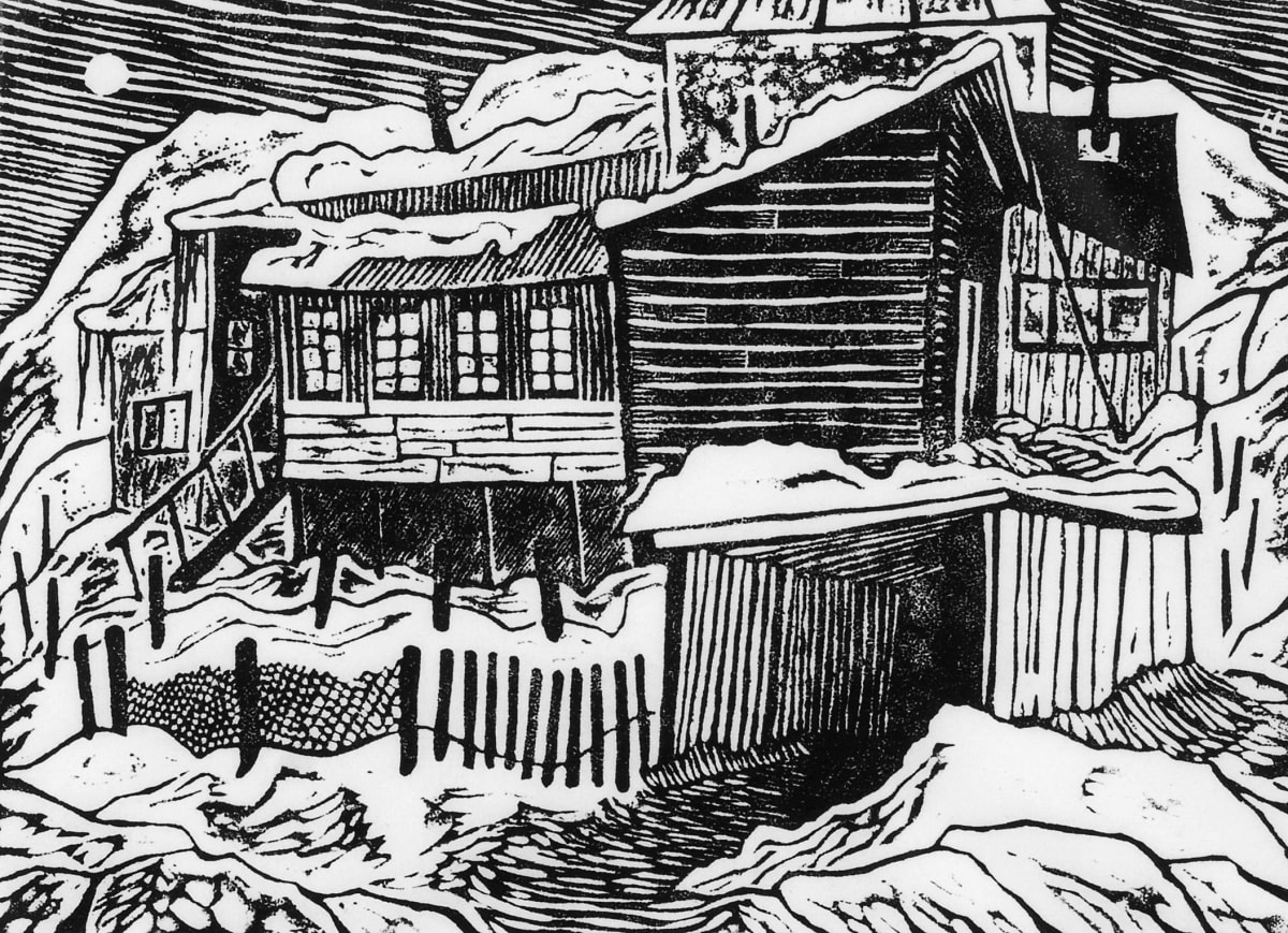 Oh Cobalt Town by Roberta Haviland  Image: It was interesting to put the painting in the context of a piece of work done early in my career. The winter trips to Cobalt were challenging in that I had never painted in brutal cold conditions before and the work didn’t go well; sometimes however, I came away feeling like a cultural hero…O Cobalt started as a series of small sketches which I later translated into the block print, a full-sheet watercolour and a large canvas.